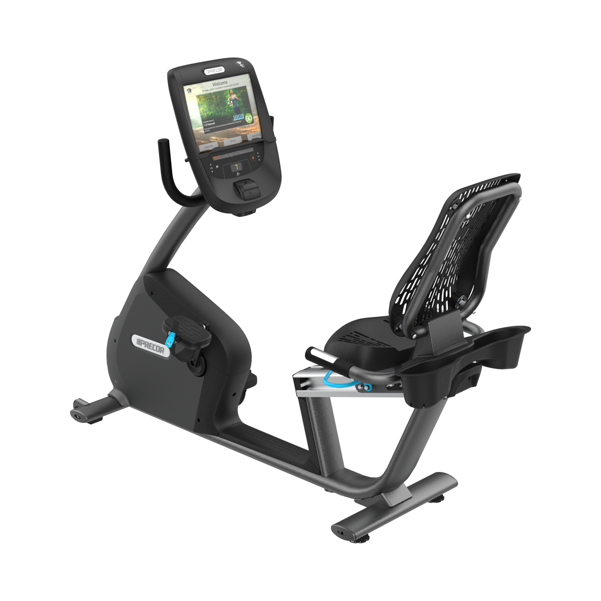 Precor RBK 885 recumbent bike with P82 console in black pearl