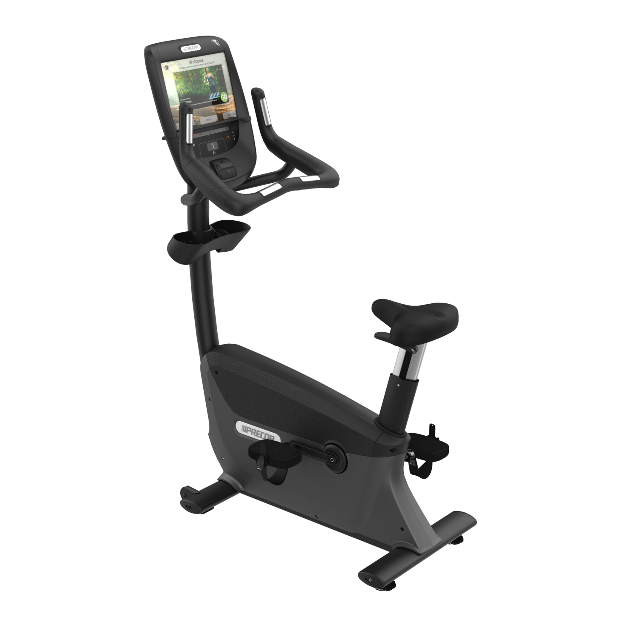 Precor UBK 885 upright bike with P82 console in black pearl