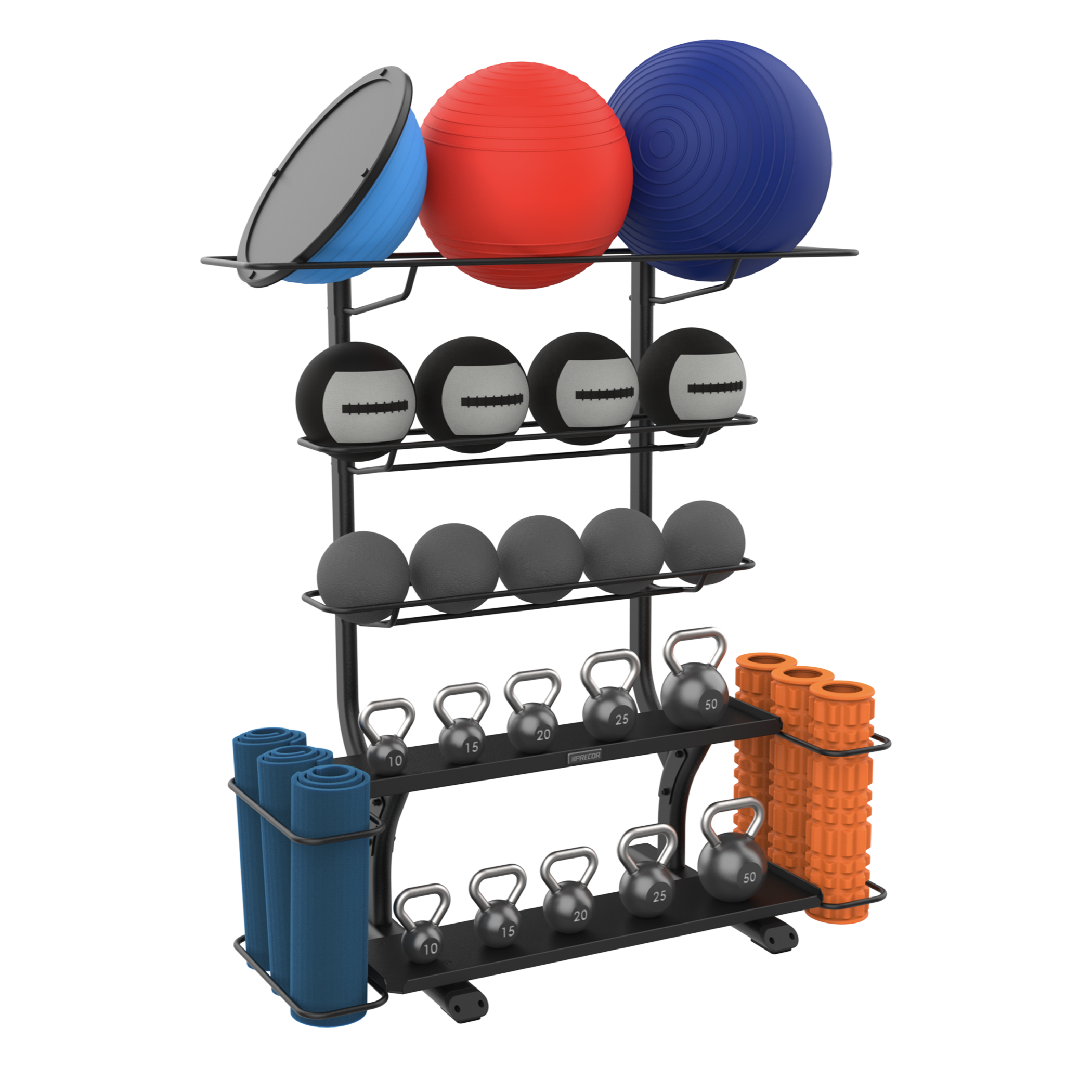 Precor utility and accessory rack featuring kettlebells medicine balls and more